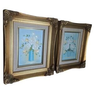 Vintage Oil Painting Ornate Gold Gilded Frame Blue Set of 2 White Deep Floral